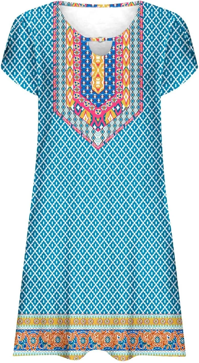 Women's Summer Beach Floral Tshirt Dress Casual Loose a-Line Mini Dresses Short Sleeve Vacation Resort Sundresses