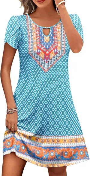 Women's Summer Beach Floral Tshirt Dress Casual Loose a-Line Mini Dresses Short Sleeve Vacation Resort Sundresses