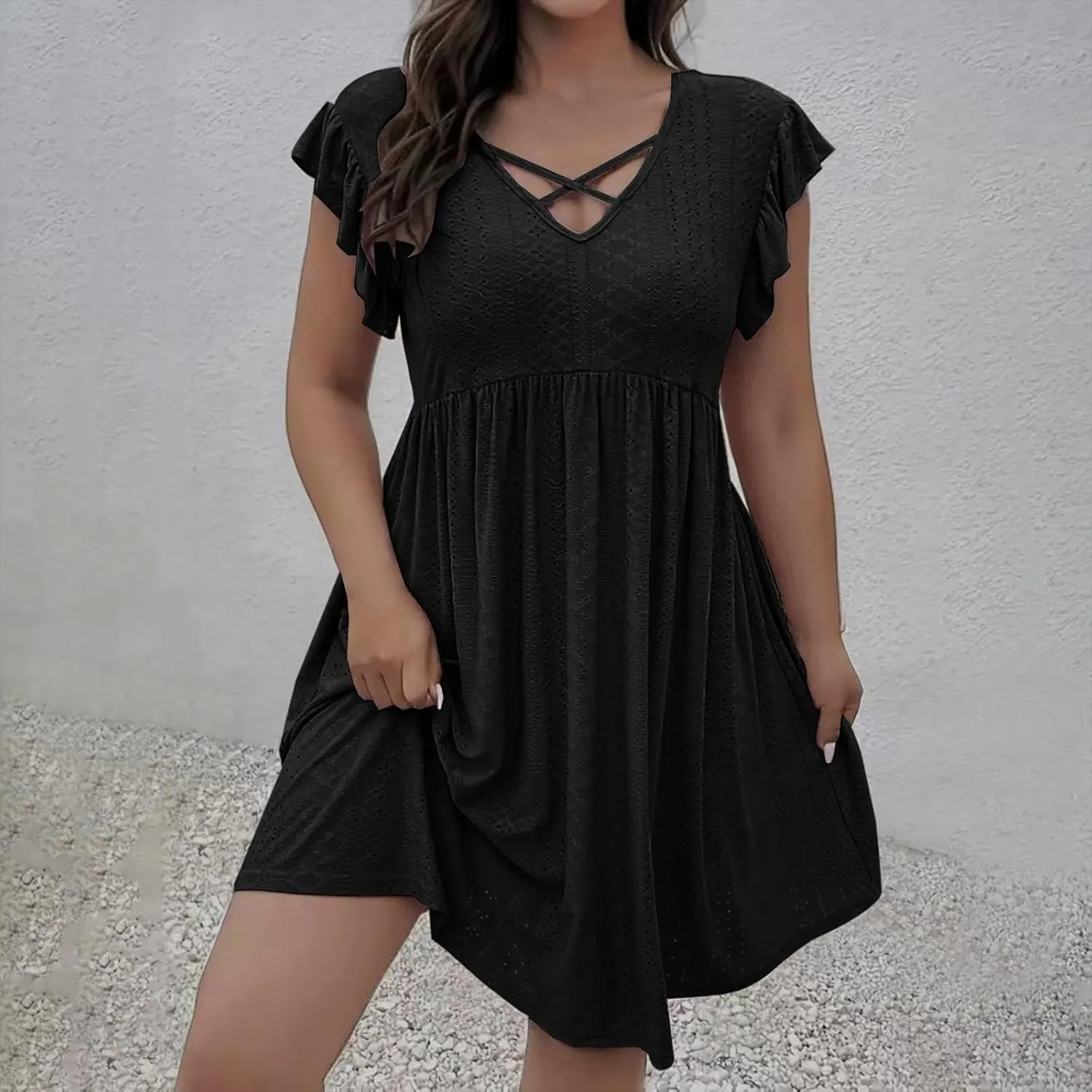 Womens Summer Beach Vacation Dress Ruffle Sleeve Tunic Swing Dresses Solid Color Loose Fit Travel Sundress