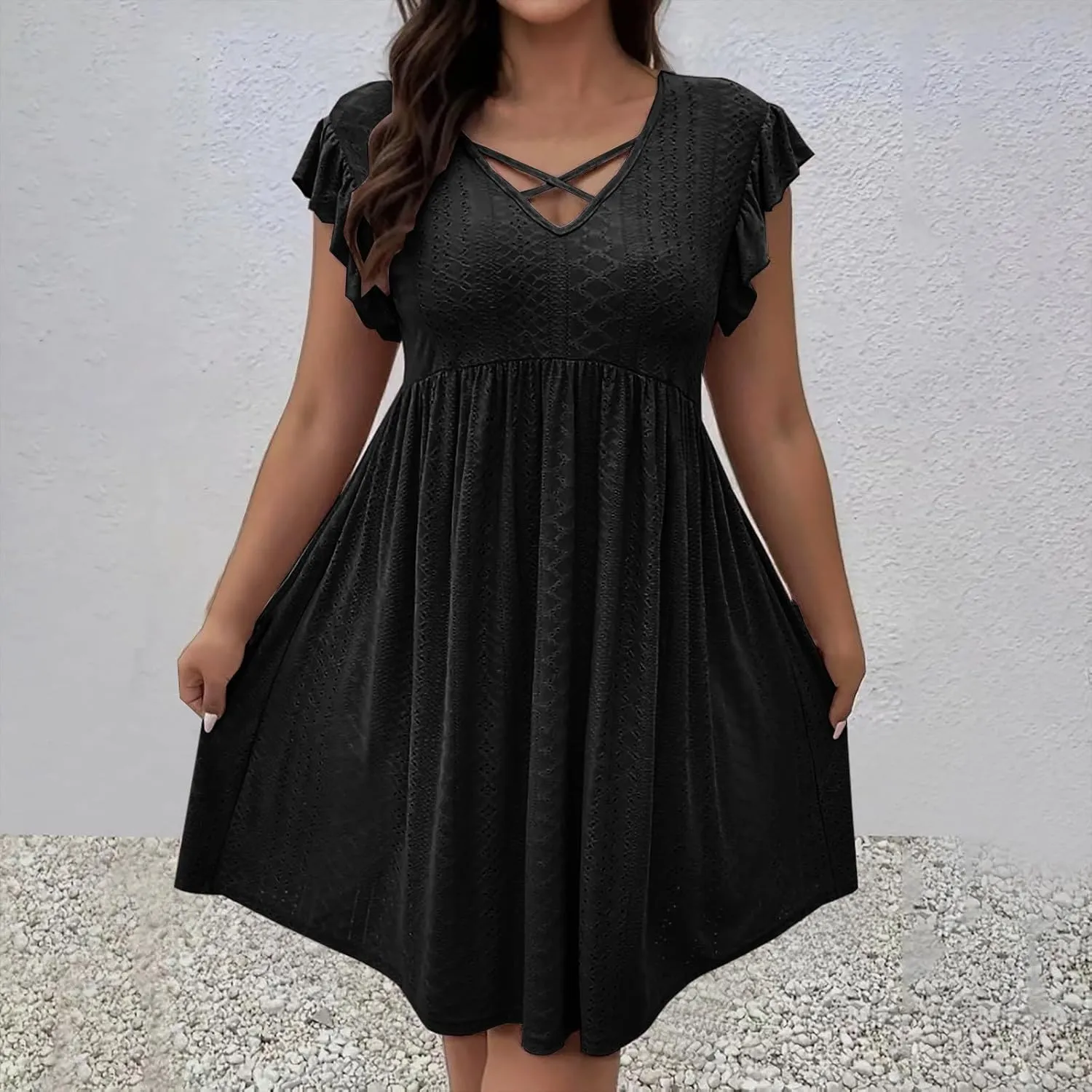 Womens Summer Beach Vacation Dress Ruffle Sleeve Tunic Swing Dresses Solid Color Loose Fit Travel Sundress