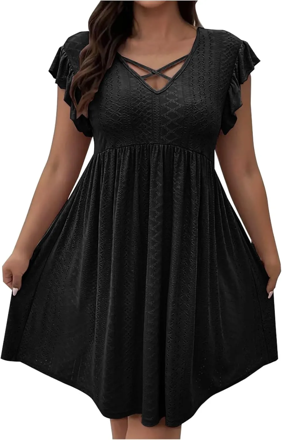Womens Summer Beach Vacation Dress Ruffle Sleeve Tunic Swing Dresses Solid Color Loose Fit Travel Sundress