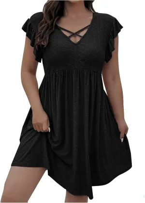 Womens Summer Beach Vacation Dress Ruffle Sleeve Tunic Swing Dresses Solid Color Loose Fit Travel Sundress