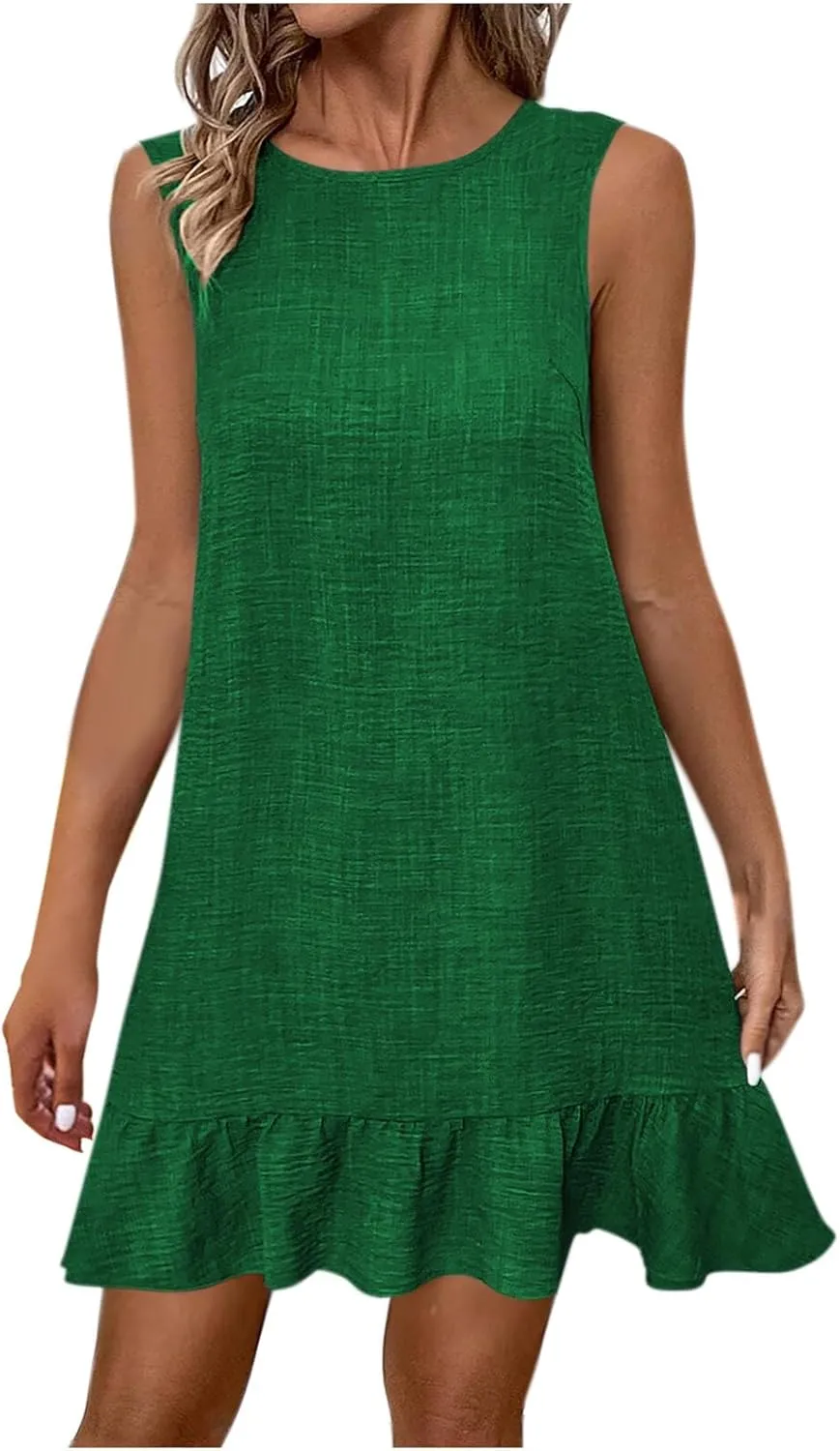 Womens Summer Casual Beach Sundress Crew Neck Sleeveless Tank Dresses 2025 Fashion Ruffle Mini Dress