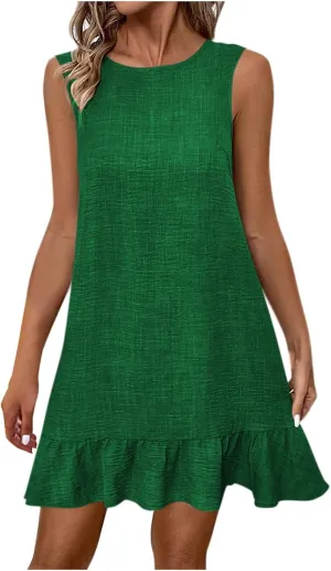 Womens Summer Casual Beach Sundress Crew Neck Sleeveless Tank Dresses 2025 Fashion Ruffle Mini Dress