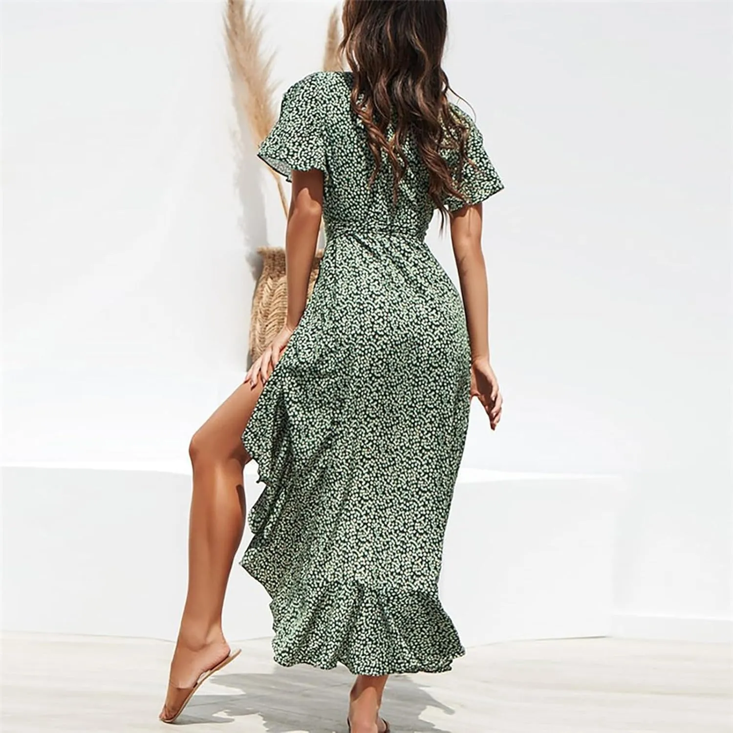 Women's Summer Maxi Dress Casual Boho Floral Wrap V Neck Short Sleeve Ruffle Split Flowy Long Beach Dresses with Belt