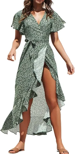 Women's Summer Maxi Dress Casual Boho Floral Wrap V Neck Short Sleeve Ruffle Split Flowy Long Beach Dresses with Belt