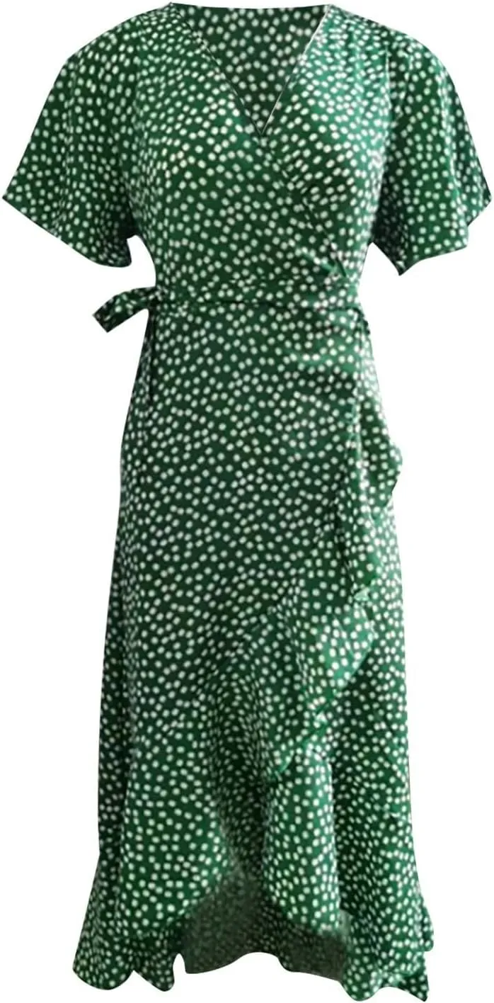 Women's Summer Maxi Dress Casual Boho Floral Wrap V Neck Short Sleeve Ruffle Split Flowy Long Beach Dresses with Belt