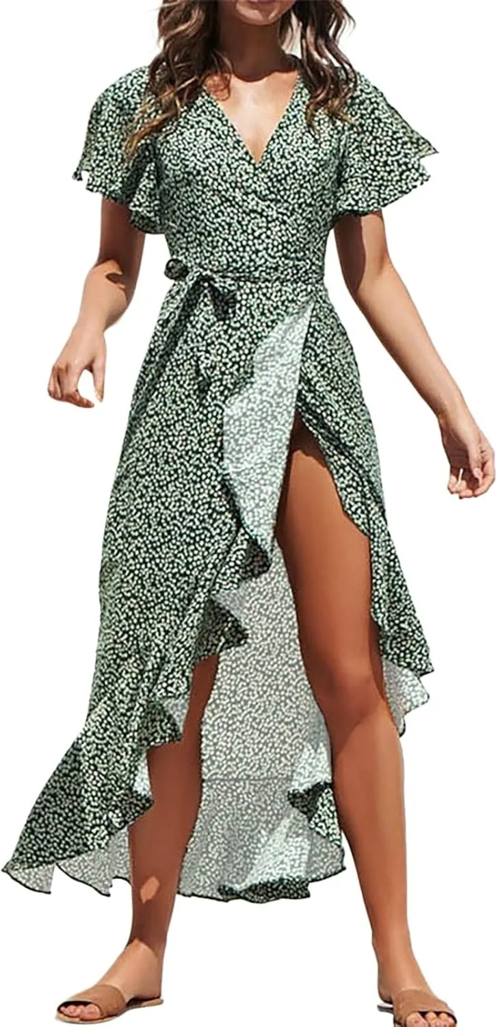 Women's Summer Maxi Dress Casual Boho Floral Wrap V Neck Short Sleeve Ruffle Split Flowy Long Beach Dresses with Belt
