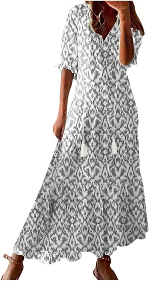 Women's Summer Ruffle Maxi Dresses Trendy Floral A-Line Swing Dress Casual 3/4 Sleeve V Neck Flowy Boho Long Dress