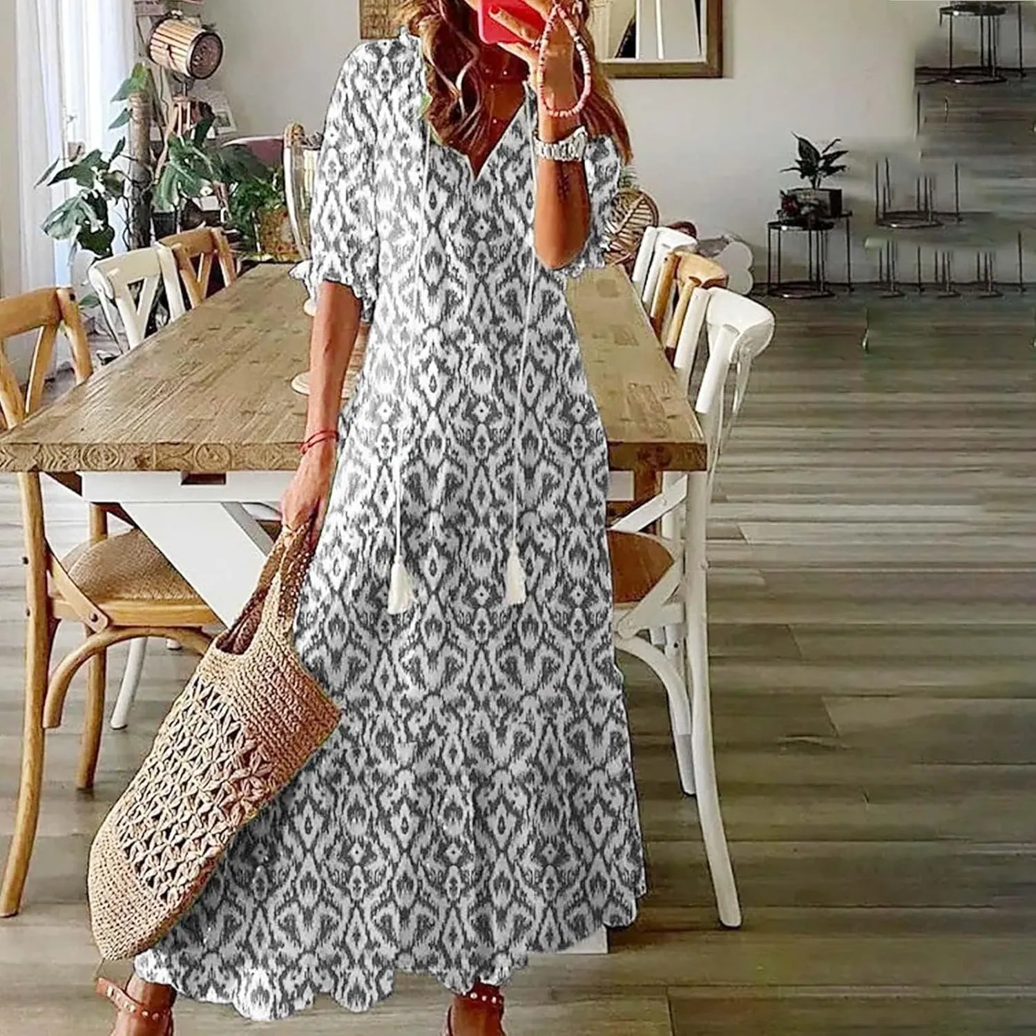 Women's Summer Ruffle Maxi Dresses Trendy Floral A-Line Swing Dress Casual 3/4 Sleeve V Neck Flowy Boho Long Dress