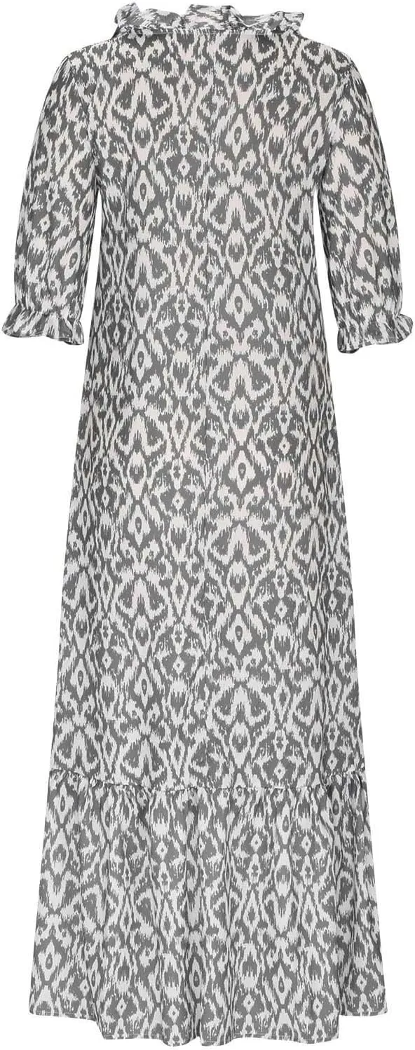 Women's Summer Ruffle Maxi Dresses Trendy Floral A-Line Swing Dress Casual 3/4 Sleeve V Neck Flowy Boho Long Dress