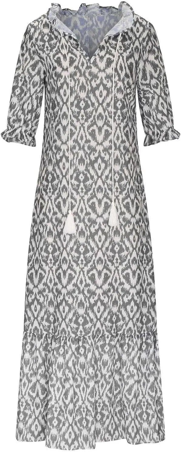 Women's Summer Ruffle Maxi Dresses Trendy Floral A-Line Swing Dress Casual 3/4 Sleeve V Neck Flowy Boho Long Dress