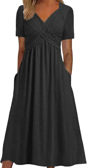 Women's Summer Short Sleeve Maxi Dress 2025 Casual V Neck High Waist A-Line Flowy Loose Solid Boho Long Dresses