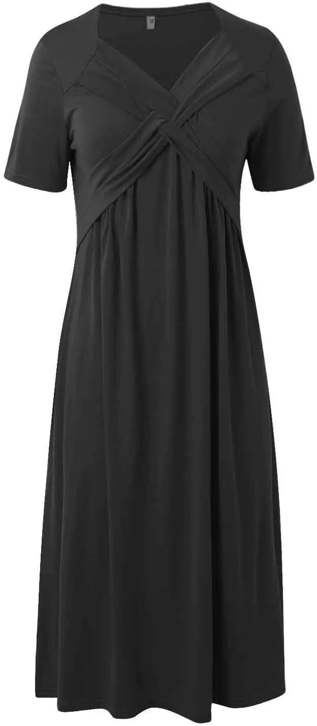 Women's Summer Short Sleeve Maxi Dress 2025 Casual V Neck High Waist A-Line Flowy Loose Solid Boho Long Dresses