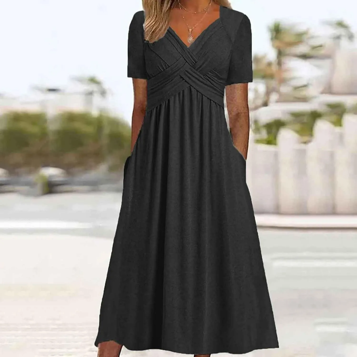 Women's Summer Short Sleeve Maxi Dress 2025 Casual V Neck High Waist A-Line Flowy Loose Solid Boho Long Dresses