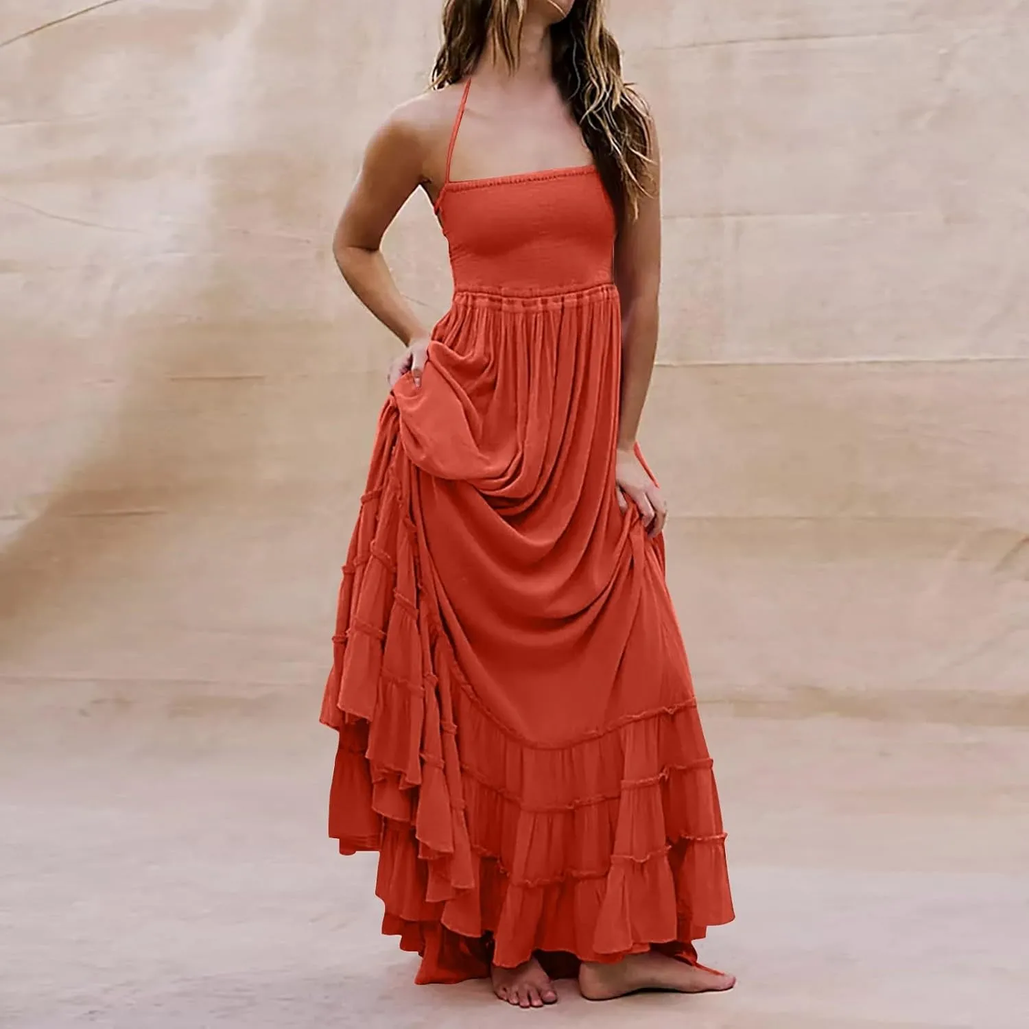 Women's Summer Spaghetti Straps Sleeveless Backless Sundress Flowy Smocked Lace Swing A Line Midi Tank Dress