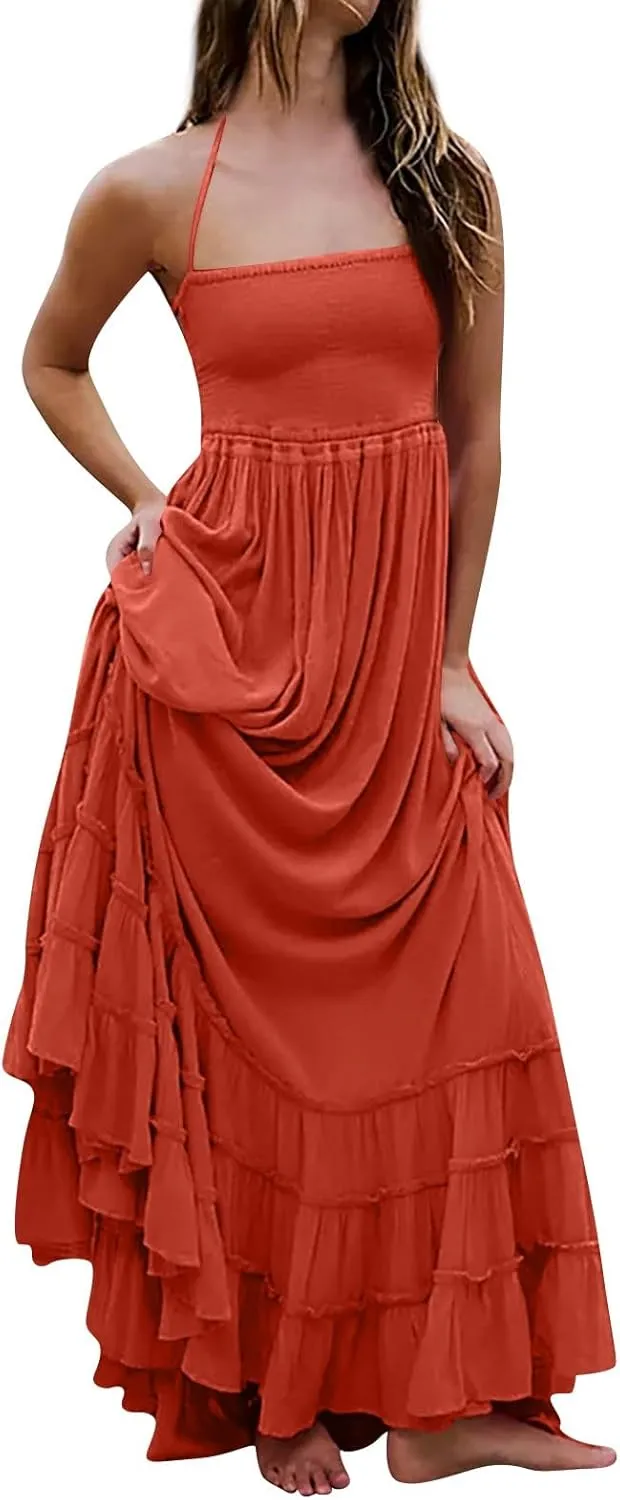 Women's Summer Spaghetti Straps Sleeveless Backless Sundress Flowy Smocked Lace Swing A Line Midi Tank Dress