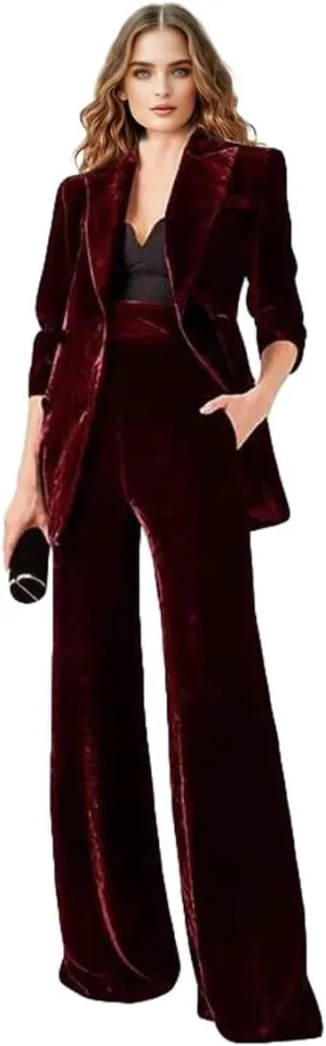 Womens Velvet Suit 2 PC Double Breasted Pants Suit Peak Lapel Formal Suit Womens Business Suits