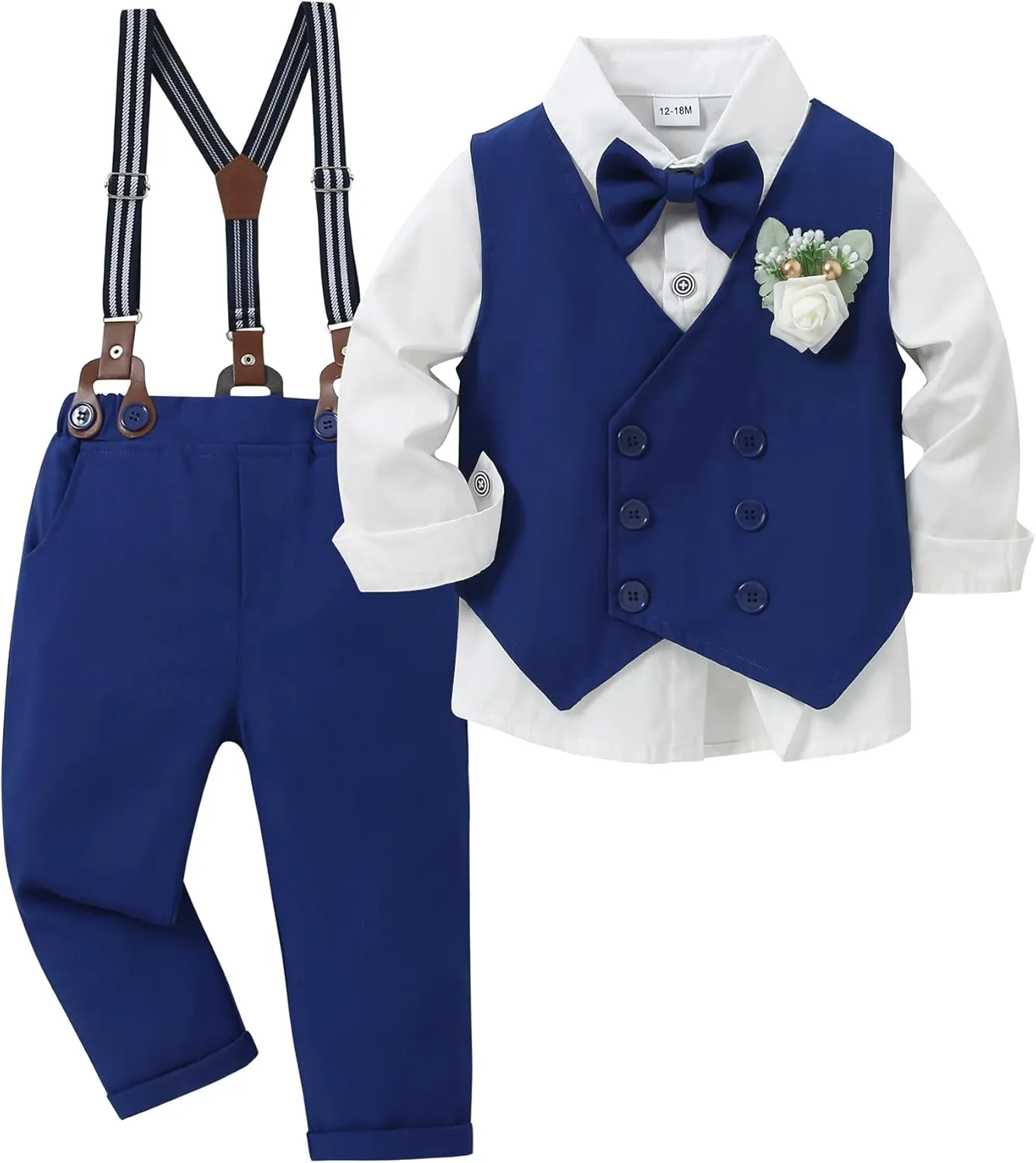 YALLET Toddler Baby Boy Clothes Suit Gentleman Wedding Outfits, Formal Dress Shirt Bowtie Vest Boutonniere Suspender Pants