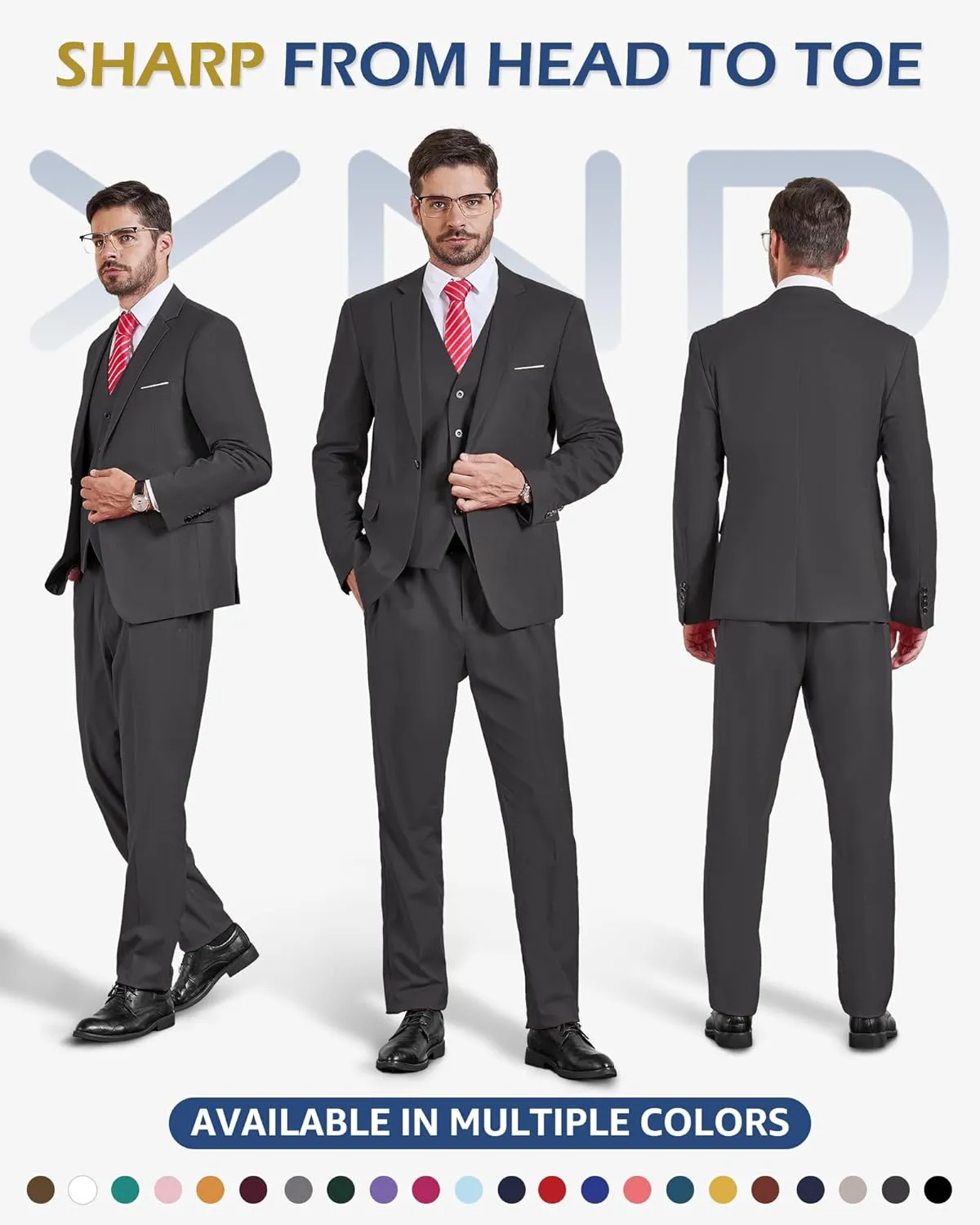 YND Men's Slim Fit 3 Pieces Suit, One Button Solid Jacket Pants Set with Tie for Wedding Party Business Prom