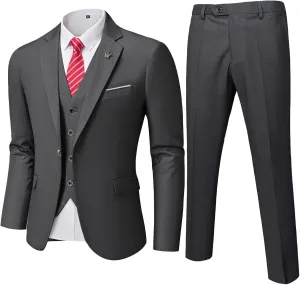 YND Men's Slim Fit 3 Pieces Suit, One Button Solid Jacket Pants Set with Tie for Wedding Party Business Prom