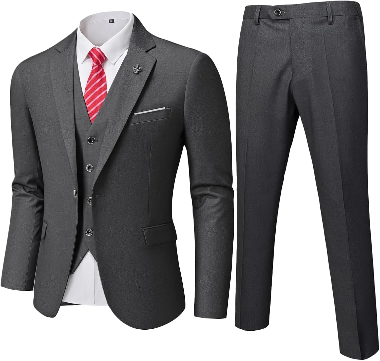 YND Men's Slim Fit 3 Pieces Suit, One Button Solid Jacket Pants Set with Tie for Wedding Party Business Prom