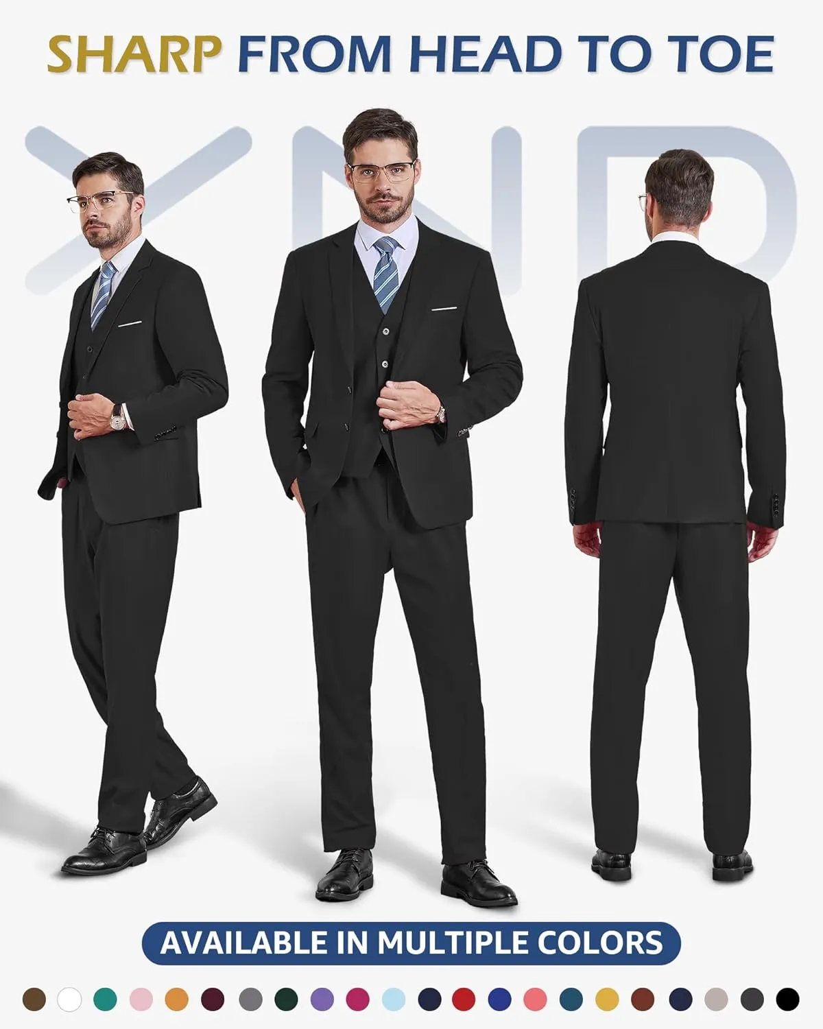 YND Men's Slim Fit 3 Pieces Suit, Two Buttons Blazer Set, Jacket Vest and Pants for Wedding Party Business Prom