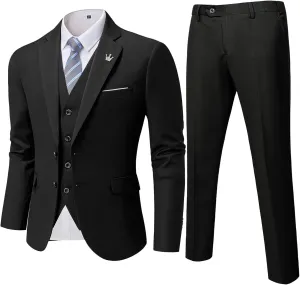YND Men's Slim Fit 3 Pieces Suit, Two Buttons Blazer Set, Jacket Vest and Pants for Wedding Party Business Prom