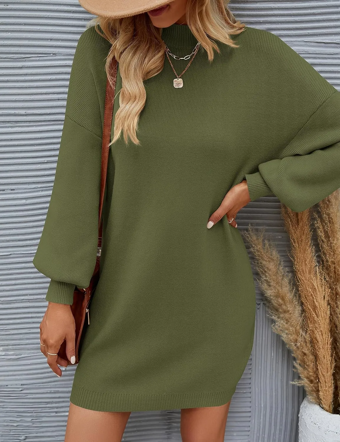 ZESICA Women's Spring Turtleneck Sweaters Dress Oversized Long Lantern Sleeve Casual Knit Pullover Short Dresses