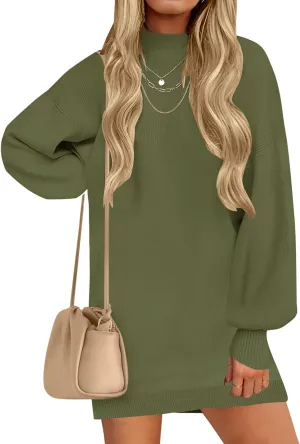ZESICA Women's Spring Turtleneck Sweaters Dress Oversized Long Lantern Sleeve Casual Knit Pullover Short Dresses