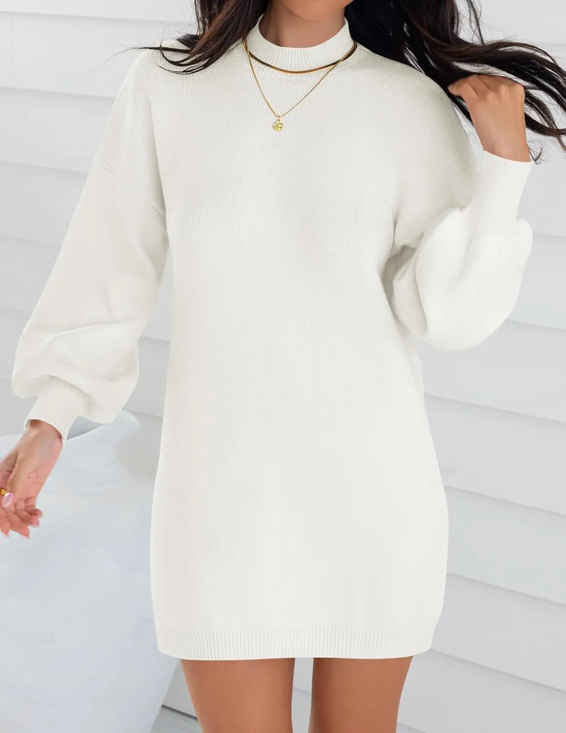 ZESICA Women's Spring Turtleneck Sweaters Dress Oversized Long Lantern Sleeve Casual Knit Pullover Short Dresses