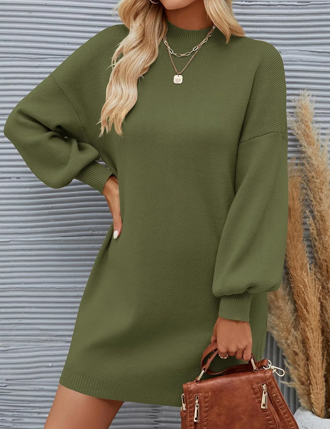 ZESICA Women's Spring Turtleneck Sweaters Dress Oversized Long Lantern Sleeve Casual Knit Pullover Short Dresses