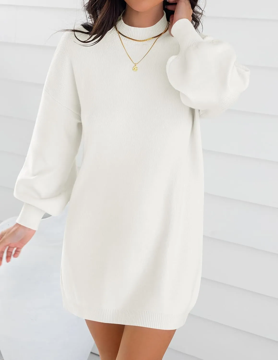 ZESICA Women's Spring Turtleneck Sweaters Dress Oversized Long Lantern Sleeve Casual Knit Pullover Short Dresses