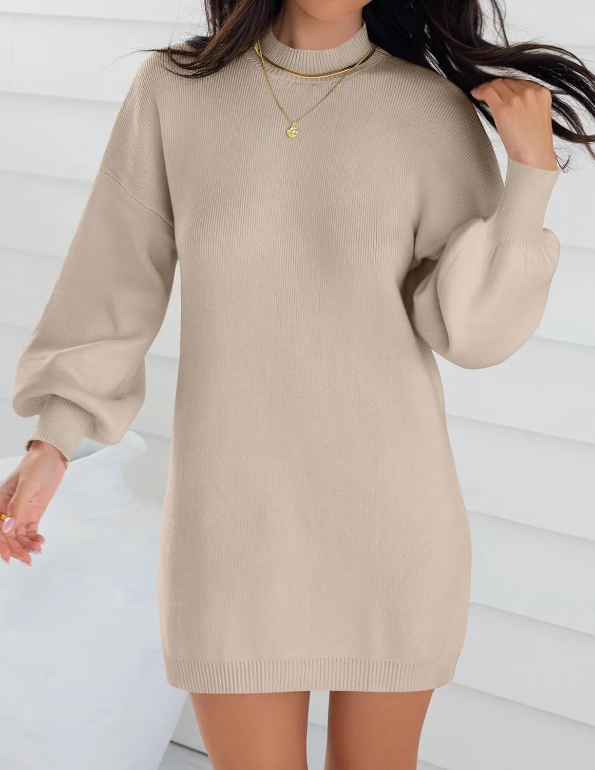 ZESICA Women's Spring Turtleneck Sweaters Dress Oversized Long Lantern Sleeve Casual Knit Pullover Short Dresses