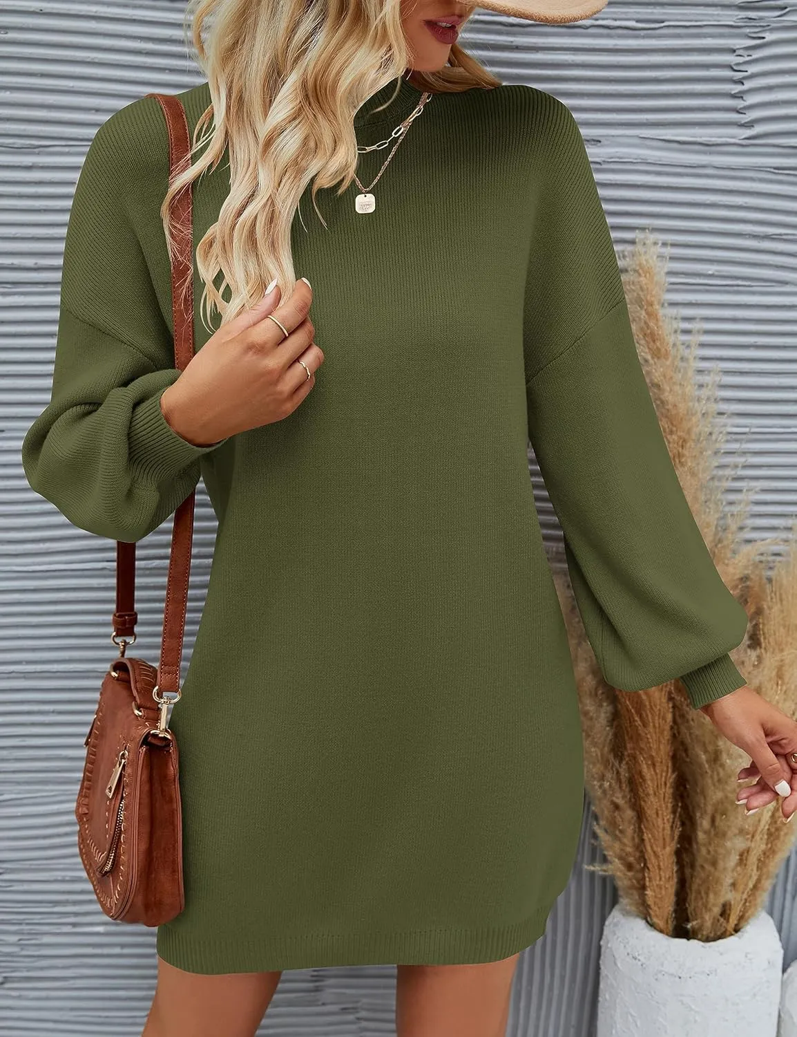 ZESICA Women's Spring Turtleneck Sweaters Dress Oversized Long Lantern Sleeve Casual Knit Pullover Short Dresses