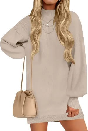ZESICA Women's Spring Turtleneck Sweaters Dress Oversized Long Lantern Sleeve Casual Knit Pullover Short Dresses