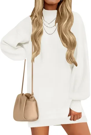 ZESICA Women's Spring Turtleneck Sweaters Dress Oversized Long Lantern Sleeve Casual Knit Pullover Short Dresses