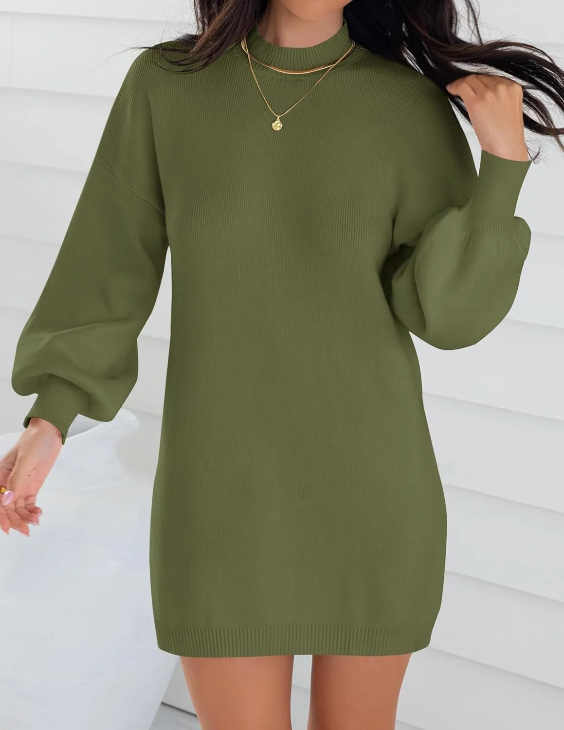 ZESICA Women's Spring Turtleneck Sweaters Dress Oversized Long Lantern Sleeve Casual Knit Pullover Short Dresses