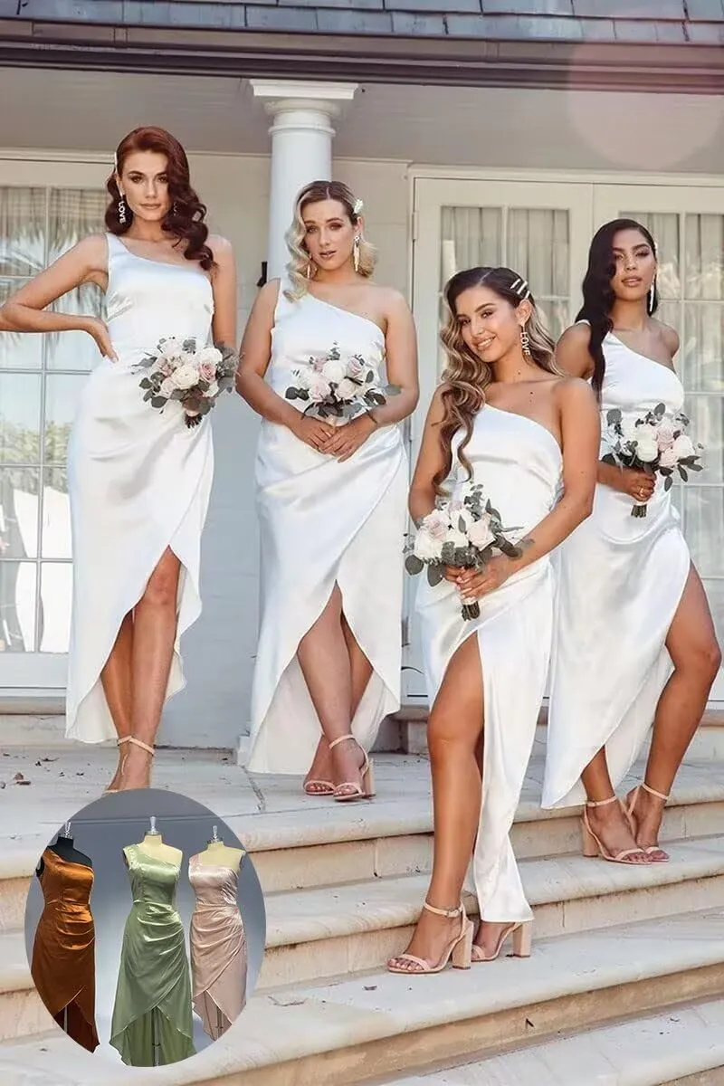 Zhangyo Silk One Shoulder Bridesmaid Dresses for Wedding High Low Formal Dresses with Pleats Sexy Evening Party Dresses
