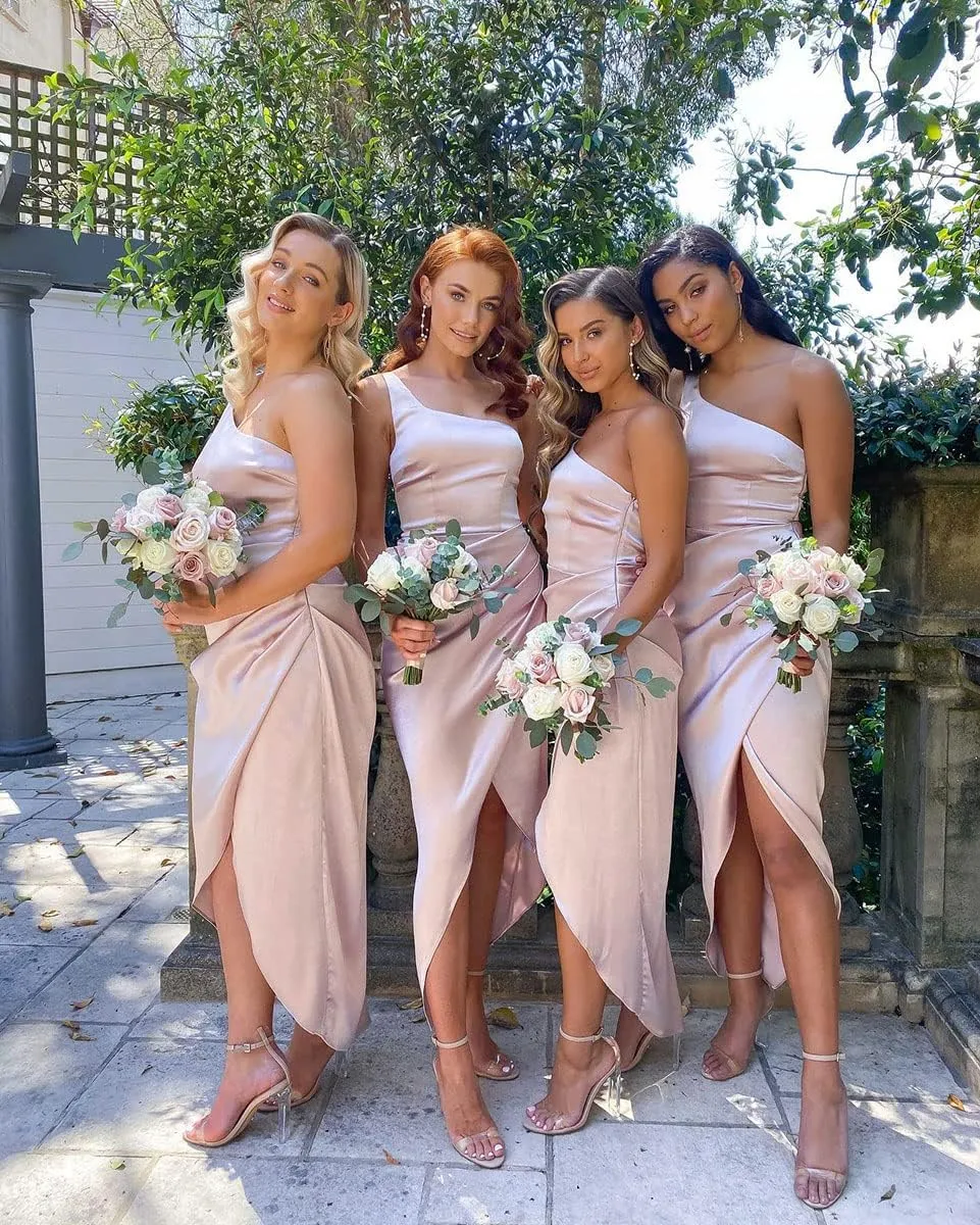 Zhangyo Silk One Shoulder Bridesmaid Dresses for Wedding High Low Formal Dresses with Pleats Sexy Evening Party Dresses