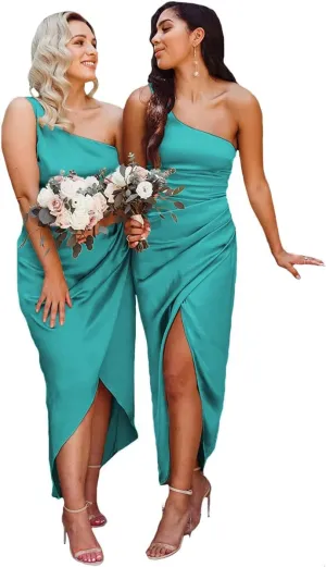 Zhangyo Silk One Shoulder Bridesmaid Dresses for Wedding High Low Formal Dresses with Pleats Sexy Evening Party Dresses