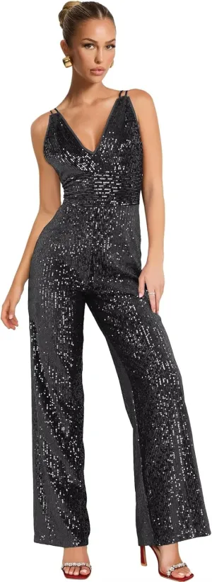 Zoghoo Sequin Formal Jumpsuits for Women Sparkly Prom Dresses Long Wide Leg Pants V Neck Rompers