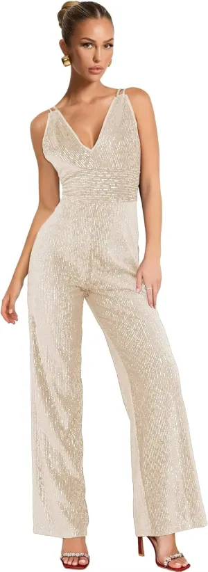 Zoghoo Sequin Formal Jumpsuits for Women Sparkly Prom Dresses Long Wide Leg Pants V Neck Rompers