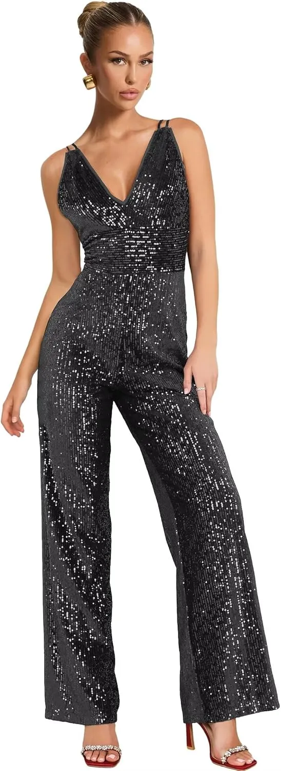 Zoghoo Sequin Formal Jumpsuits for Women Sparkly Prom Dresses Long Wide Leg Pants V Neck Rompers